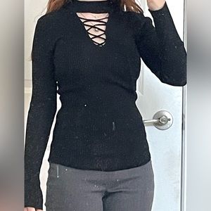 Black Ribbed Mock Neck Long Sleeve with Lace Up, Shirt.